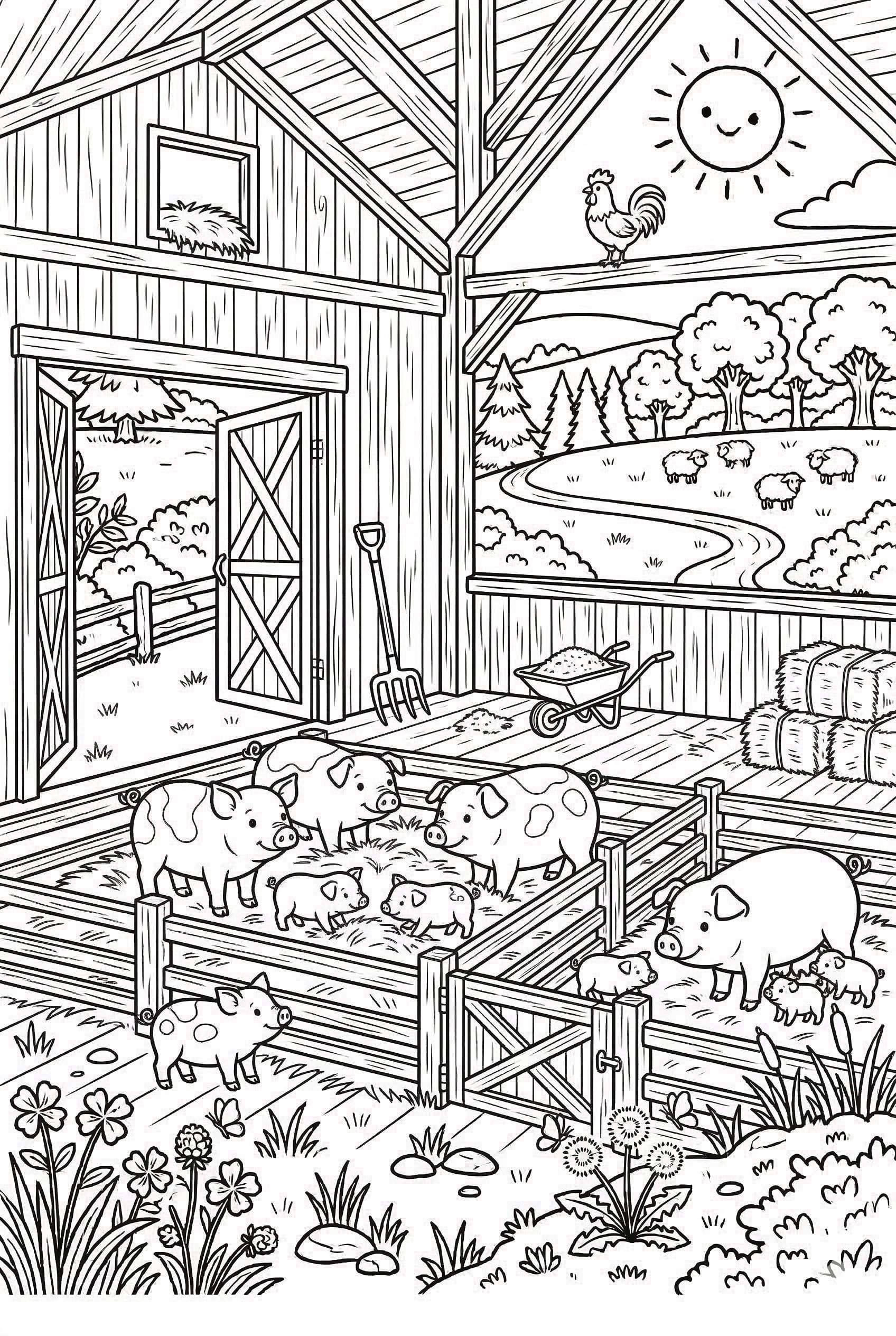Bauernhof Szene als kostenloses Ausmalbild für Kinder
