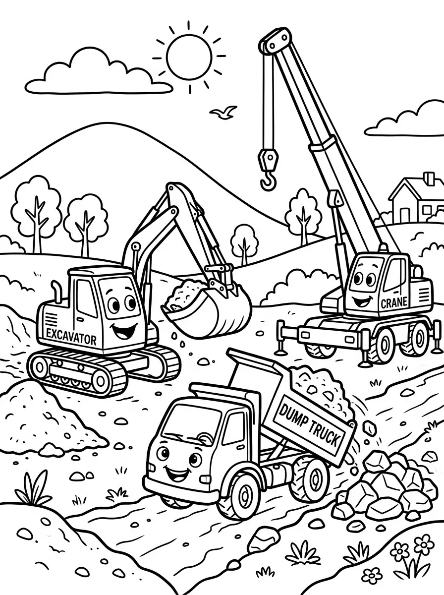 Big Construction Scene as a free coloring page for kids