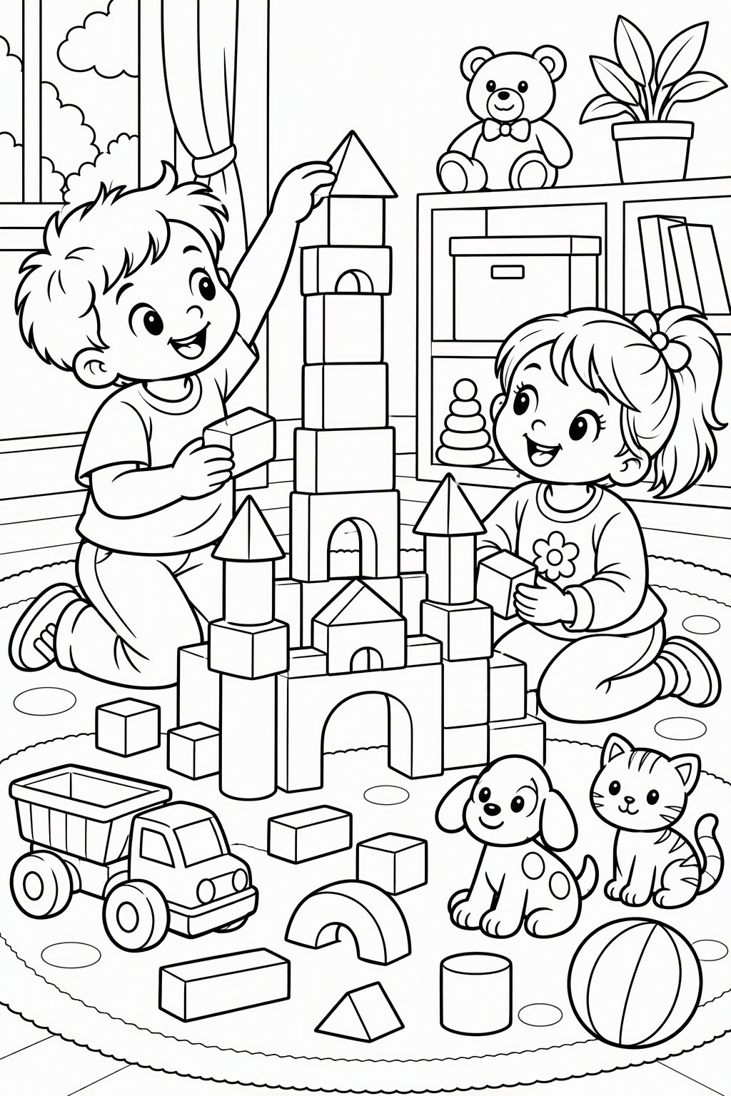 Block Corner with Building Blocks as a free coloring page for kids