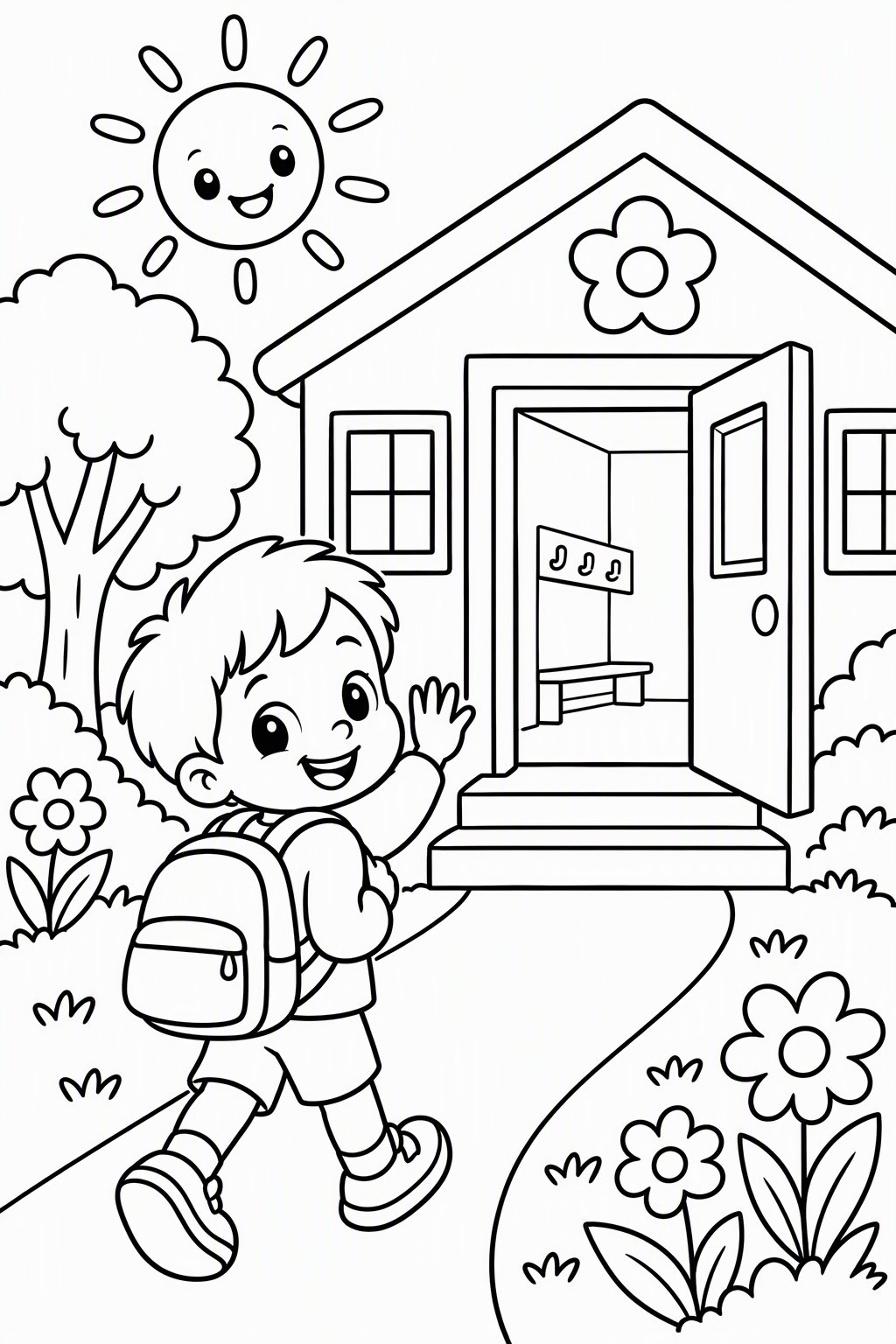 First Day at Kindergarten as a free coloring page for kids
