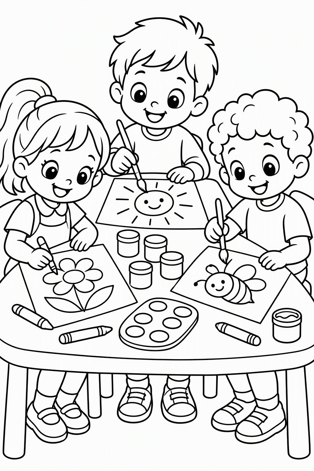 Painting at the Kindergarten Table as a free coloring page for kids