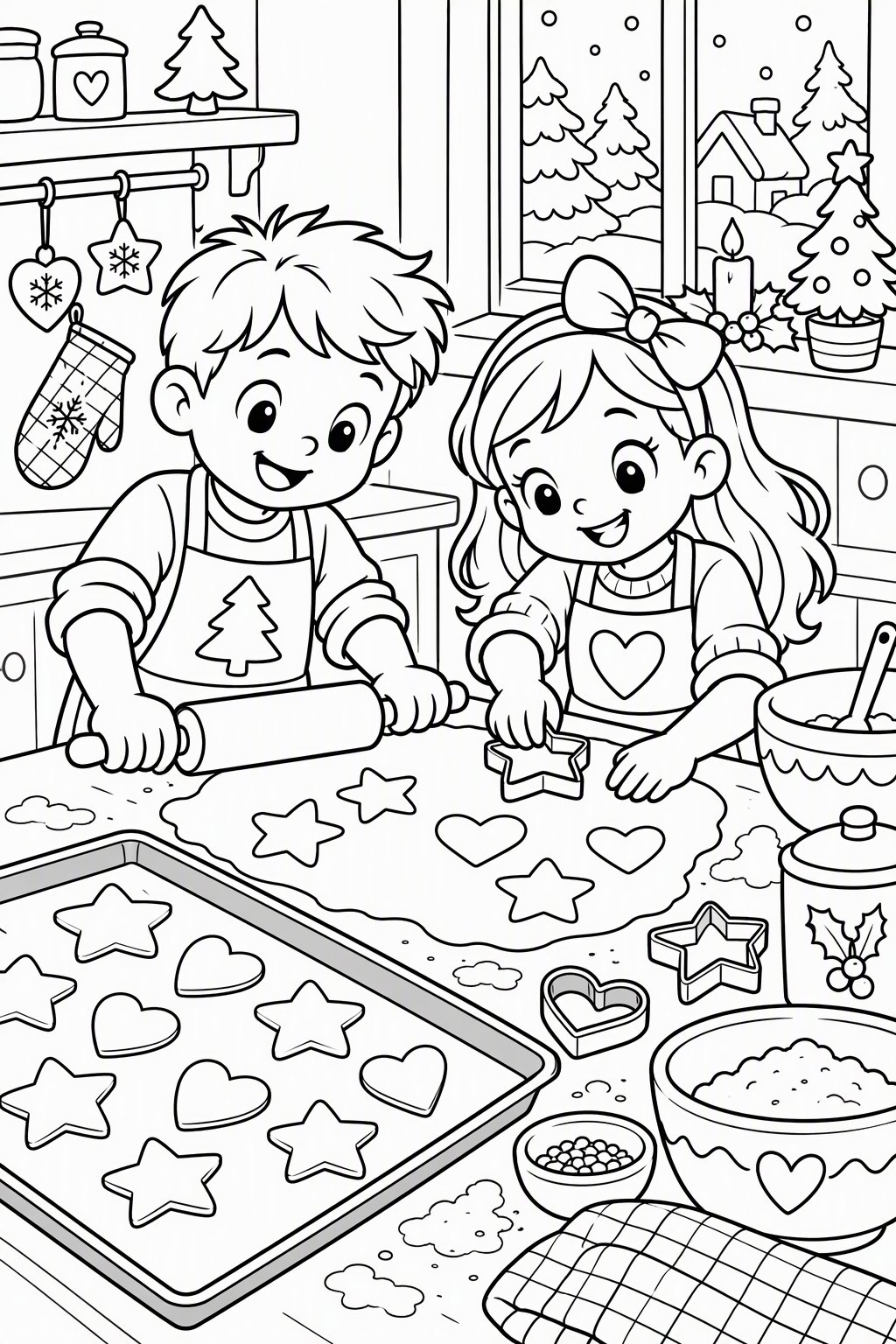 Baking Christmas Cookies as a free coloring page for kids