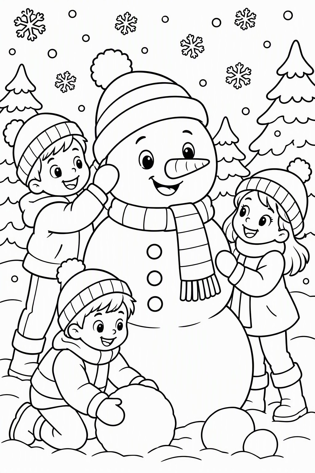 Kids Building a Snowman as a free coloring page for kids