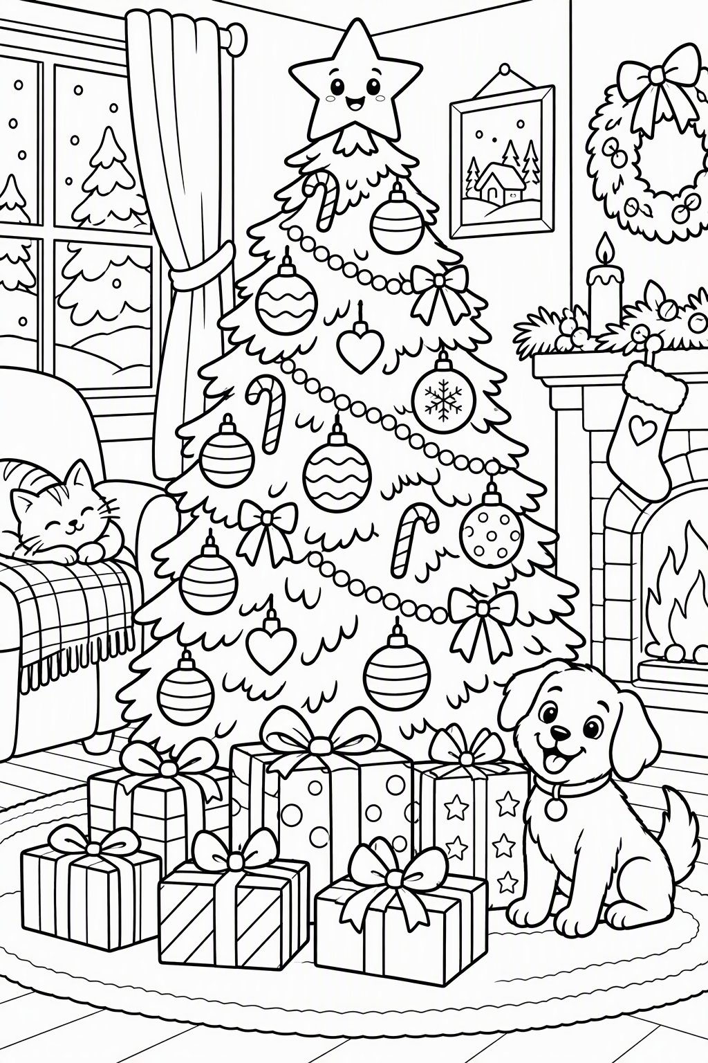 Christmas Tree with Presents as a free coloring page for kids