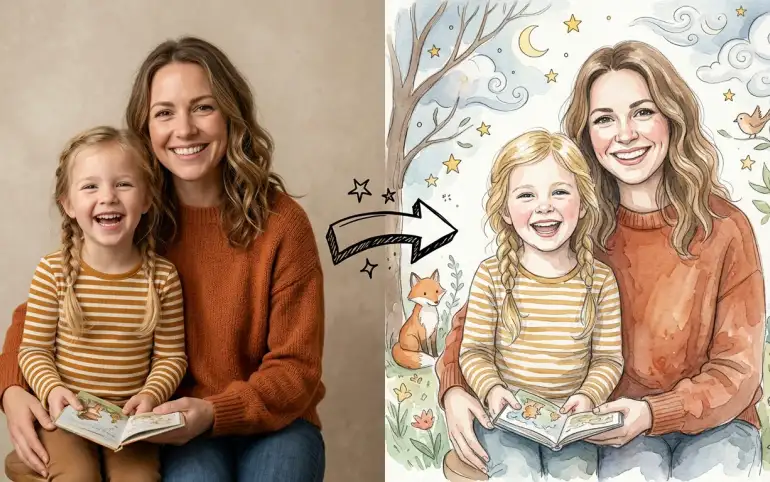 Familienporträt verwandelt sich in eine Aquarell-Illustration