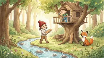 Watercolor page from a personalized Starringbooks children's book: a girl in a red hat, a fox and a treehouse