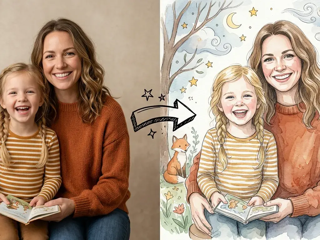 Familie als Aquarell-Illustration für ein Kinderbuch mit Namen