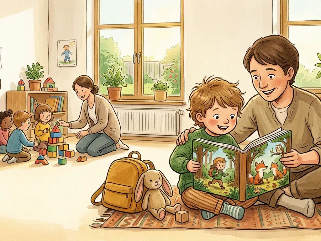 Kind beim ersten Kindergartentag als Figur in einem personalisierten Mutmachbuch