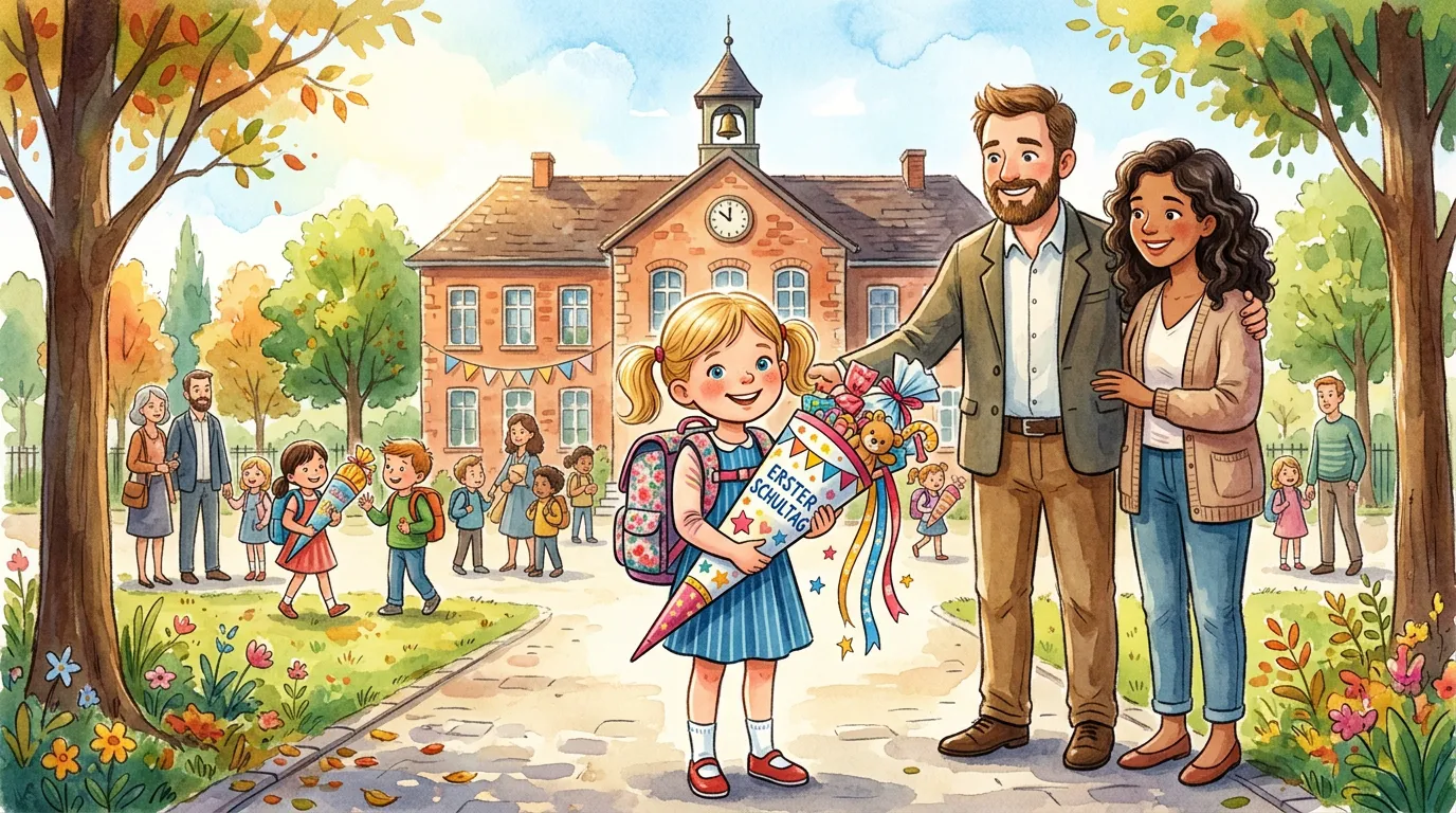 Kind mit Schultüte und Ranzen am ersten Schultag vor einer freundlichen Schule.