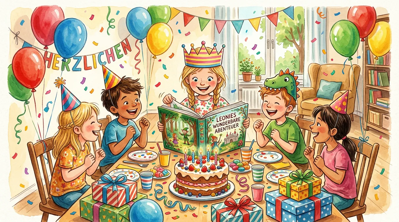 Bunte Geburtstagsszene mit Luftballons, Kuchen und einem geöffneten personalisierten Kinderbuch.