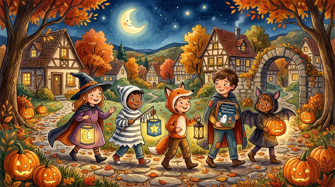 Kinder in freundlichen Halloween-Kostümen mit Laternen und Kürbissen in einer warmen Herbstnacht.