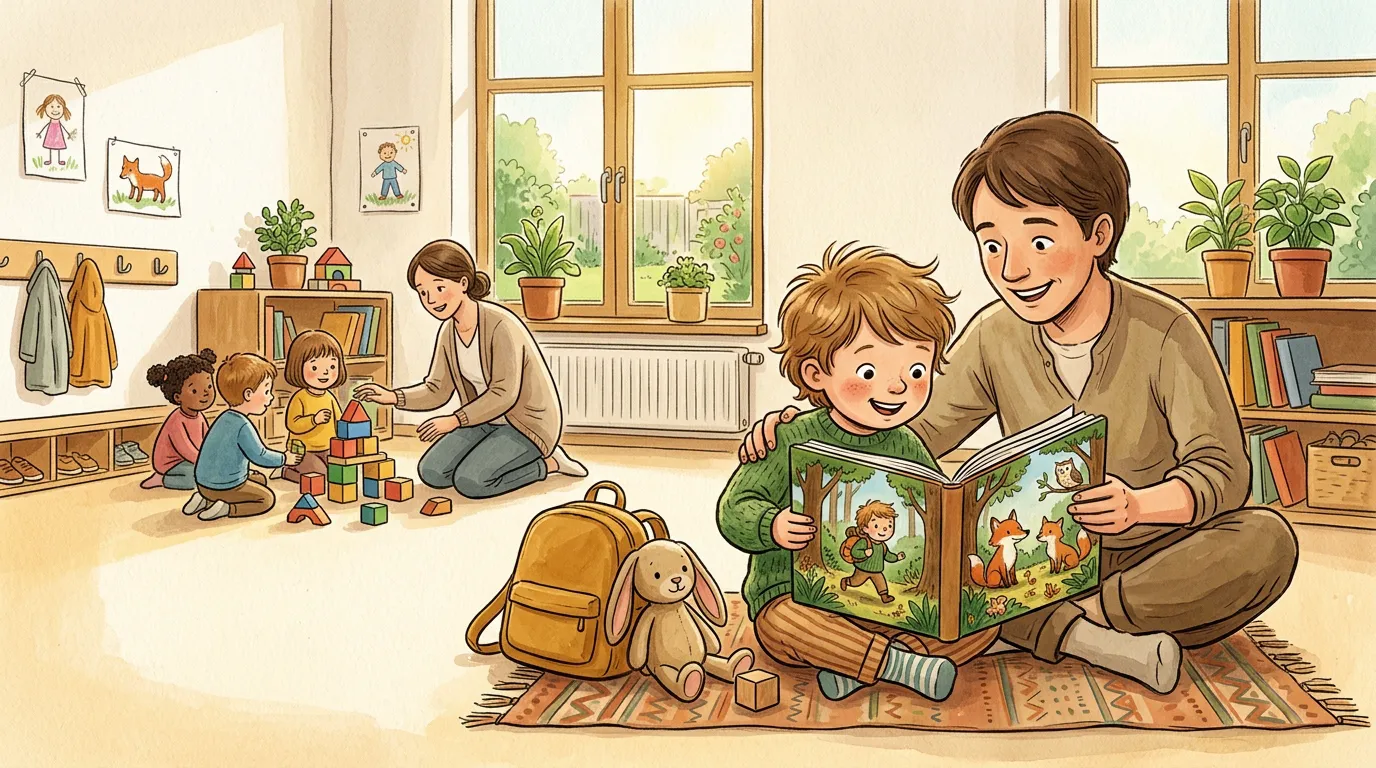 Kind am ersten Kindergartentag als Figur in einem personalisierten Mutmachbuch.