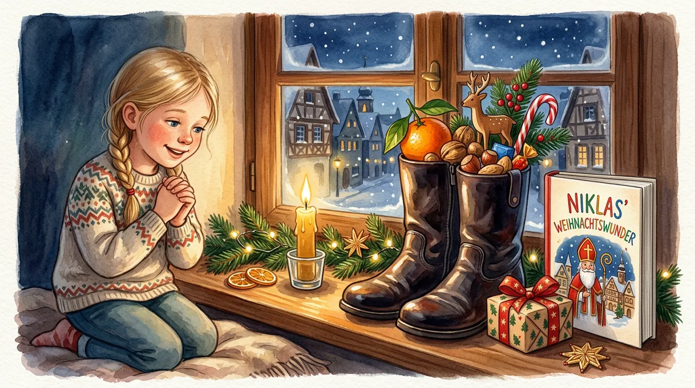 Nikolausstiefel am Fenster mit kleinen Geschenken und einem personalisierten Kinderbuch bei Kerzenlicht.