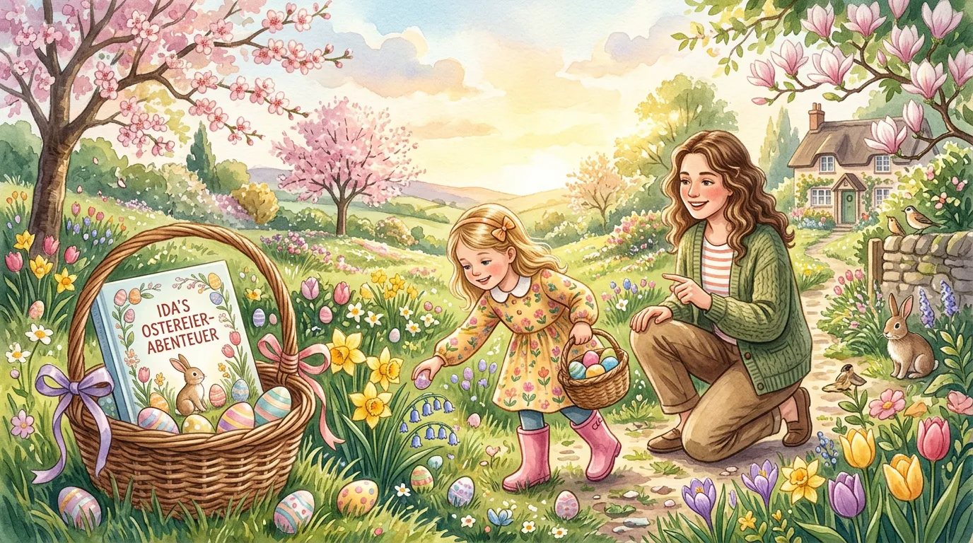 Kind und Eltern suchen Ostereier im Frühlingsgarten, ein personalisiertes Buch liegt im Osterkorb.