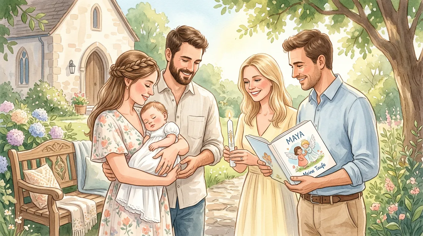 Sanfte Familienszene mit Baby und personalisiertem Buch als Taufgeschenk in hellem Pastelllicht.