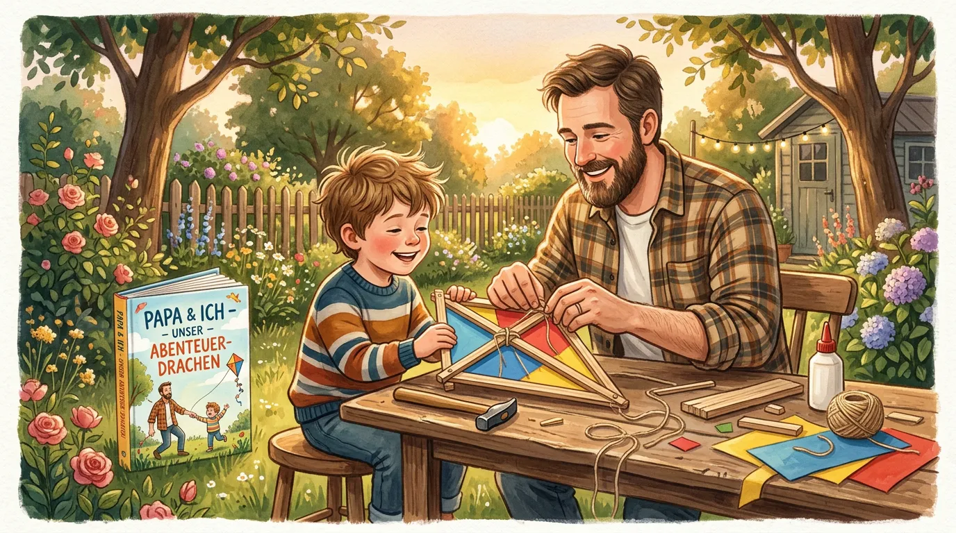 Kind und Vater bauen gemeinsam im Garten, während ein personalisiertes Buch auf dem Tisch liegt.