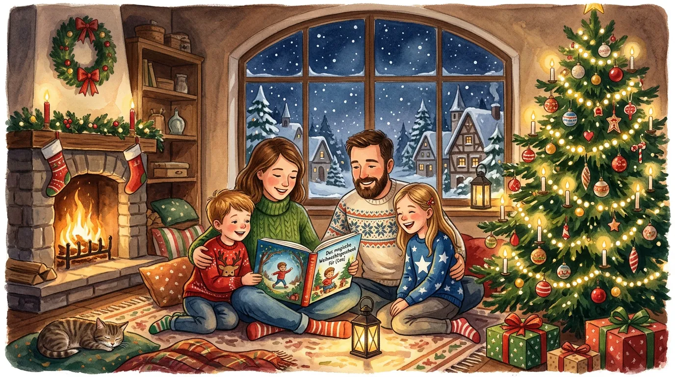 Familie liest gemeinsam ein personalisiertes Kinderbuch vor dem Weihnachtsbaum mit warmen Lichtern.